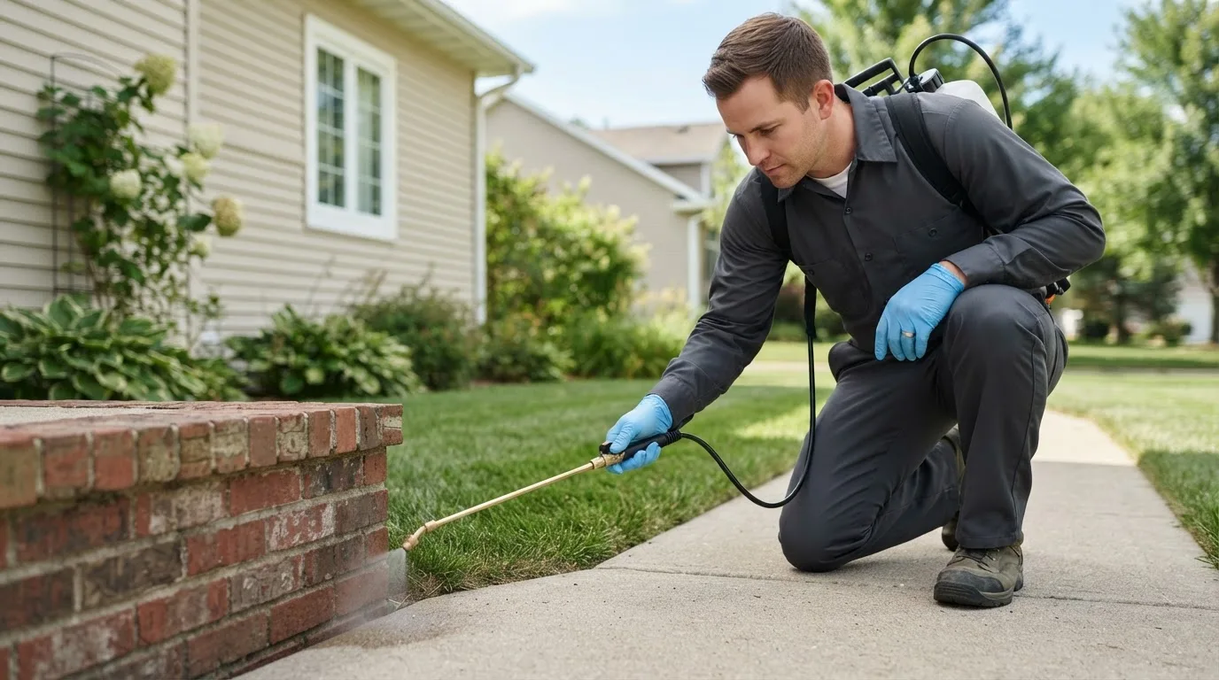 Pest control technician treating a home near Perryville, AK