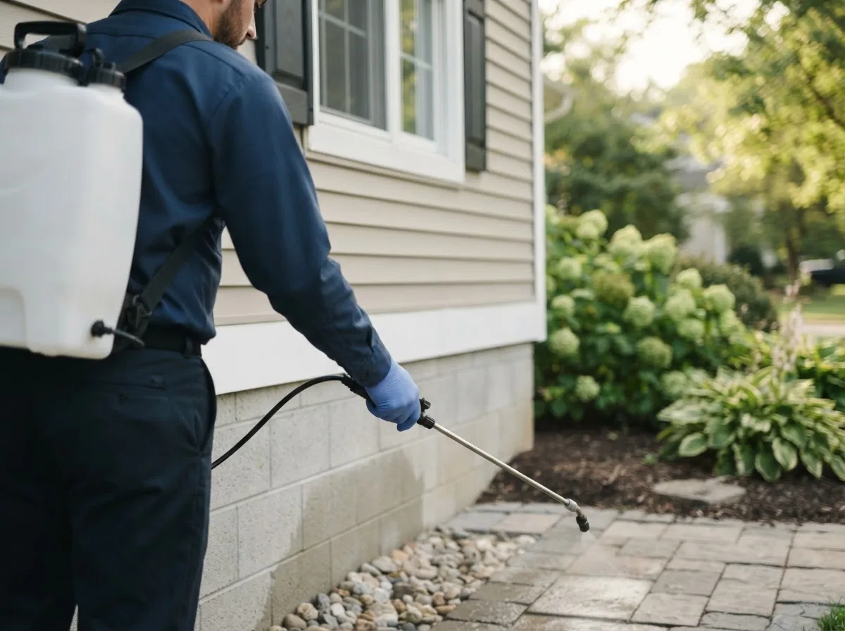 Pest control technician inspecting a home in Perryville, AK